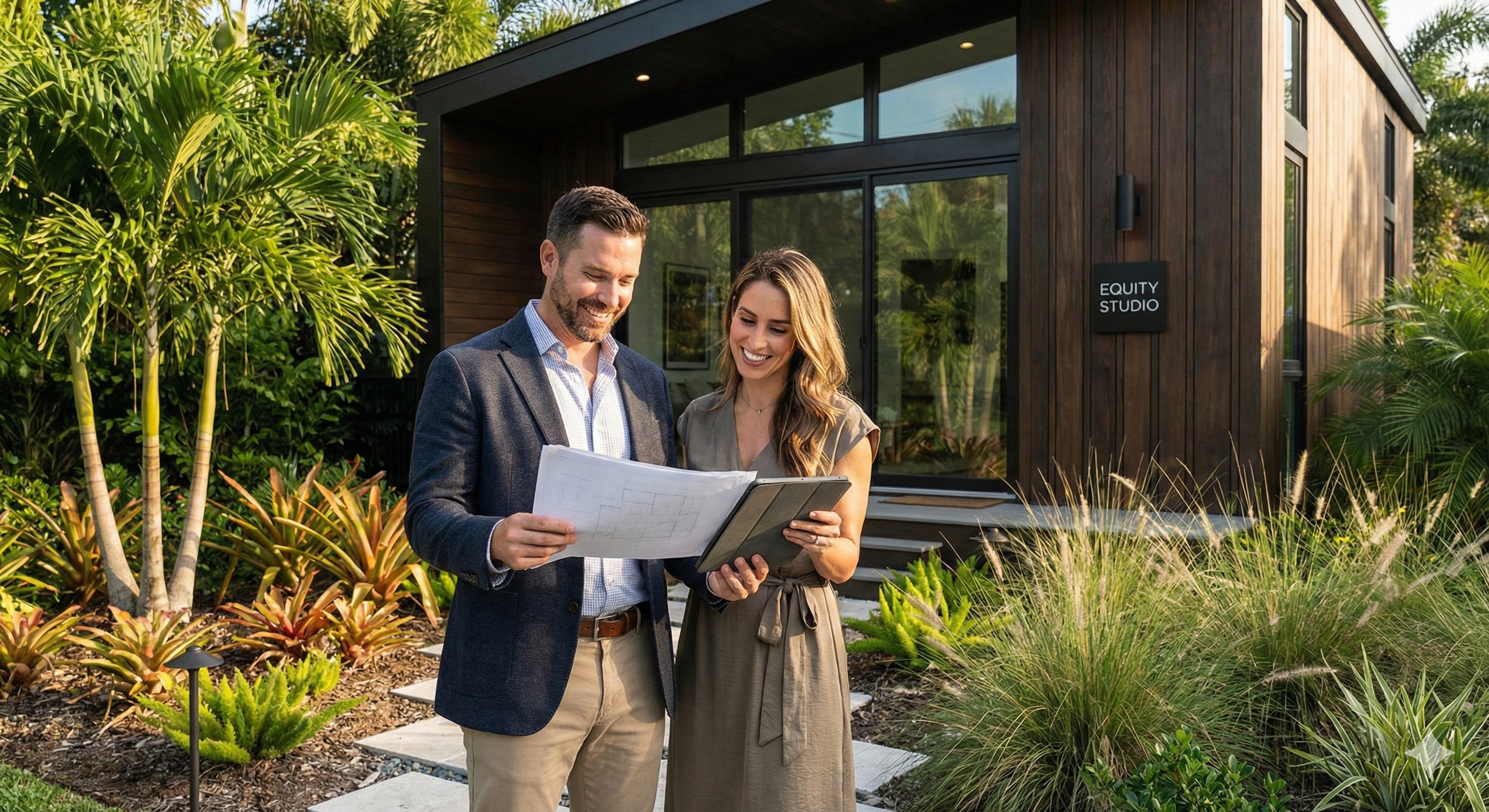 Savvy homeowners reviewing their backyard ADU investment, illustrating how accessory dwelling units add immediate property equity and provide a financial buffer against rising expenses in Florida.