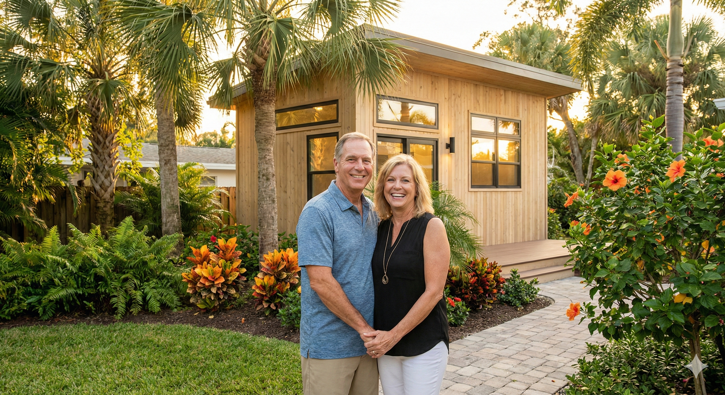 A smiling couple standing in their Florida backyard in front of a modern accessory dwelling unit (ADU) guest house, surrounded by palm trees and tropical landscaping.